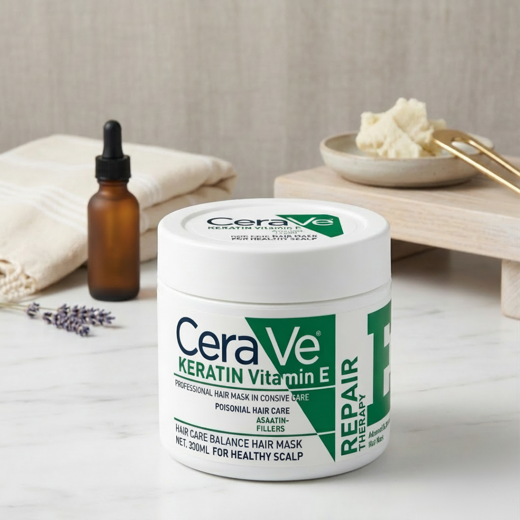 Cera ve Keratin Vitamin E hair mask jar on a neutral background with a dropper and towel.