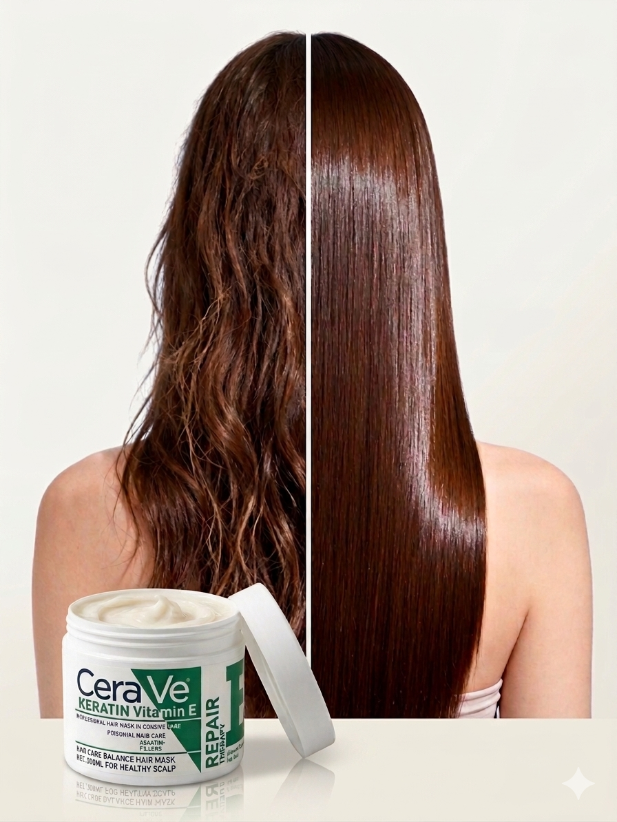 Before and after comparison of hair with Cera ve product on a white background