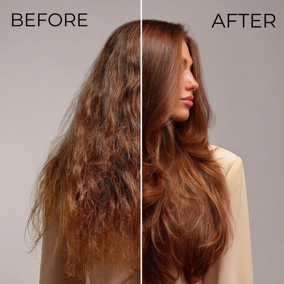 Before and after comparison of a person with long, wavy hair against a neutral background.