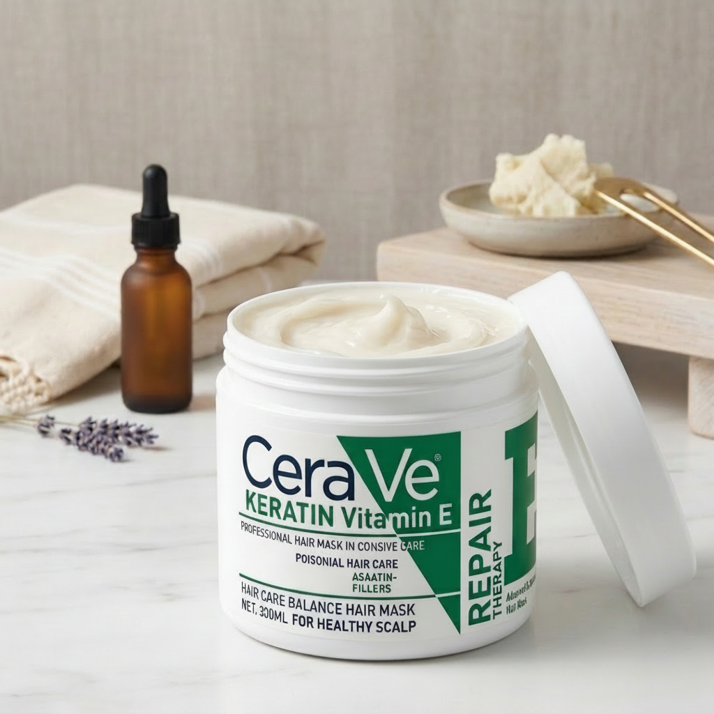 Cera ve Keratin Vitamin E hair mask jar with a dropper bottle and towel in the background